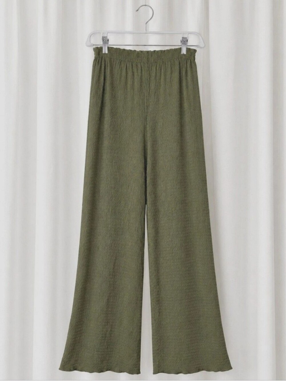 Mango MNG Olive Green Textured Pull On Soft Crinkle Stretch Chic Wide Leg Pants